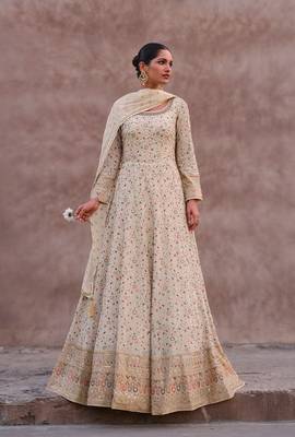 Cream embroidered faux georgette semi stitched anarkali suit 1
