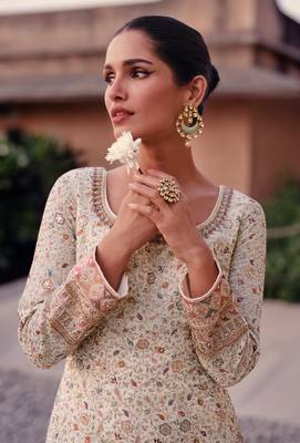 Cream embroidered faux georgette semi stitched anarkali suit 2
