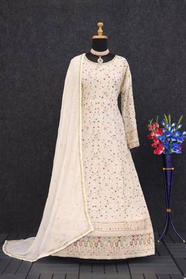 Cream embroidered faux georgette semi stitched anarkali suit 3