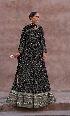 Black embroidered faux georgette semi stitched anarkali suit 1