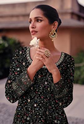 Black embroidered faux georgette semi stitched anarkali suit 2