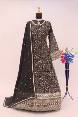 Black embroidered faux georgette semi stitched anarkali suit 3