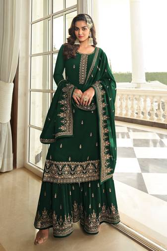 Green embroidered faux georgette semi stitched plazzo suit