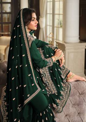 Green embroidered faux georgette semi stitched plazzo suit 2