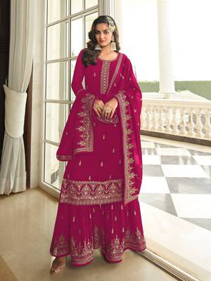 Rani pink embroidered faux georgette semi stitched plazzo suit 1