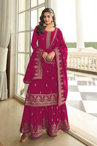 Rani pink embroidered faux georgette semi stitched plazzo suit