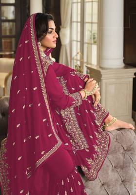 Rani pink embroidered faux georgette semi stitched plazzo suit 2