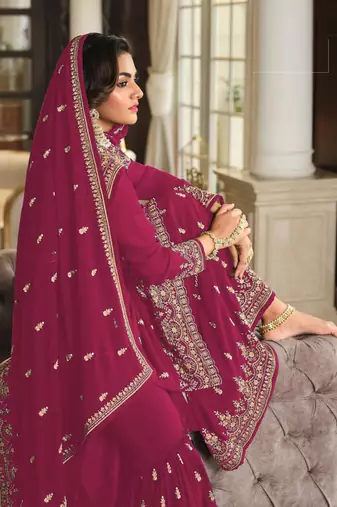 Rani pink embroidered faux georgette semi stitched plazzo suit