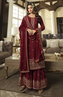 Maroon embroidered faux georgette semi stitched plazzo suit 1