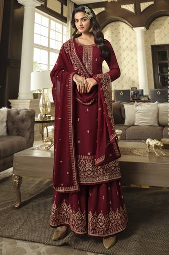 Maroon embroidered faux georgette semi stitched plazzo suit