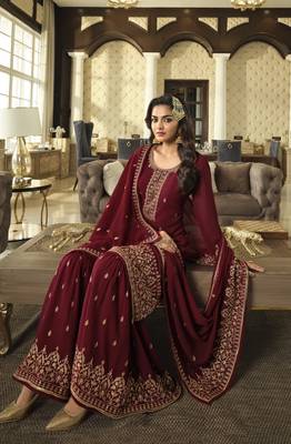 Maroon embroidered faux georgette semi stitched plazzo suit 2