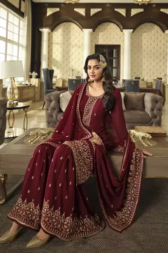 Maroon embroidered faux georgette semi stitched plazzo suit