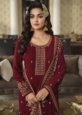 Maroon embroidered faux georgette semi stitched plazzo suit 3