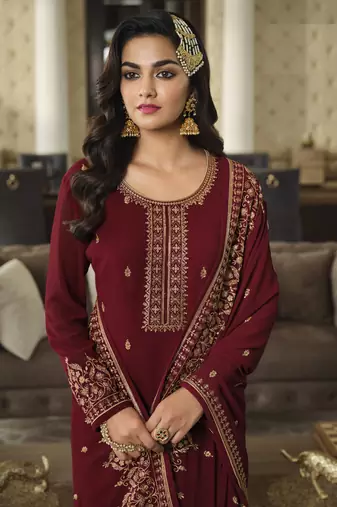 Maroon embroidered faux georgette semi stitched plazzo suit