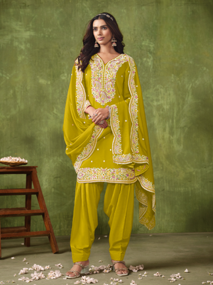 Lime embroidered roman silk semi stitched patiyala suit 1