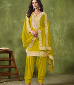 Lime embroidered roman silk semi stitched patiyala suit