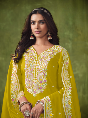 Lime embroidered roman silk semi stitched patiyala suit 2