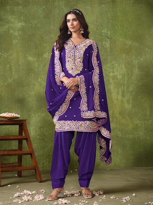 Purple embroidered roman silk semi stitched patiyala suit 1