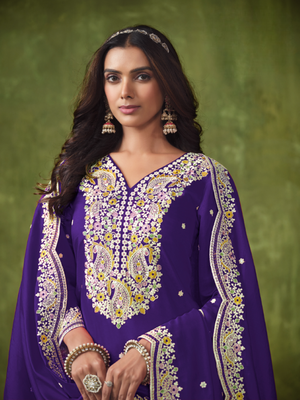 Purple embroidered roman silk semi stitched patiyala suit 2