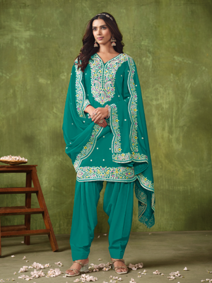 Teal green embroidered roman silk semi stitched patiyala suit 1
