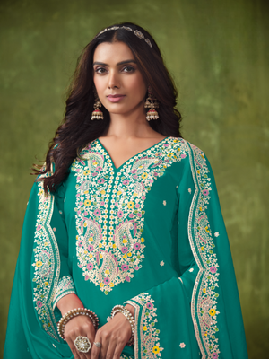 Teal green embroidered roman silk semi stitched patiyala suit 2