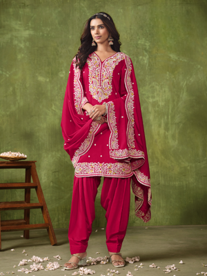 Rani pink embroidered roman silk semi stitched patiyala suit 1