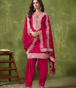 Rani pink embroidered roman silk semi stitched patiyala suit