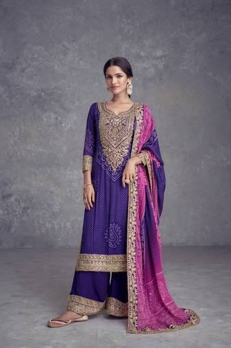 Purple designer embroidered premium silk stitched palazzo suit