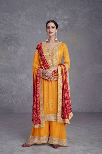 Yellow designer embroidered premium silk stitched palazzo suit