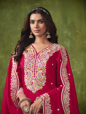 Rani pink embroidered roman silk semi stitched patiyala suit 2