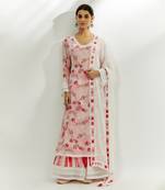 Pastel pink printed kalidar kurta set.