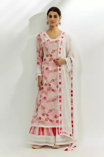 Pastel pink printed kalidar kurta set.