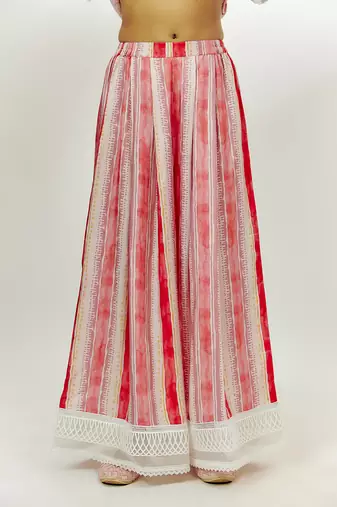 Pastel pink printed kalidar kurta set.
