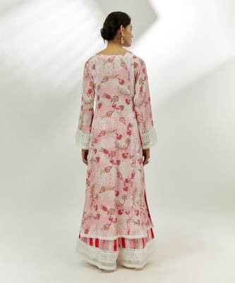 Pastel pink printed kalidar kurta set. 4