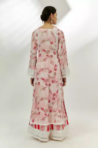 Pastel pink printed kalidar kurta set.