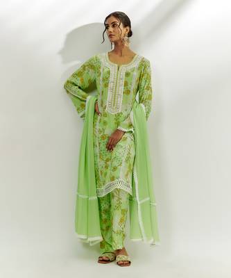 Lime green floral print kurta set 1