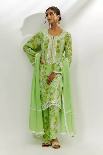 Lime green floral print kurta set
