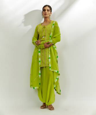 Lime green embroidered short kurta set 1
