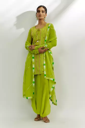 Lime green embroidered short kurta set