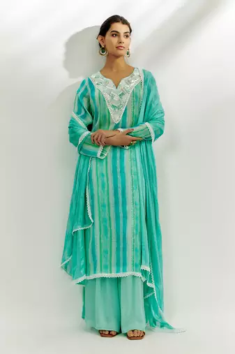 Cyan blue printed kurta pallazzo set