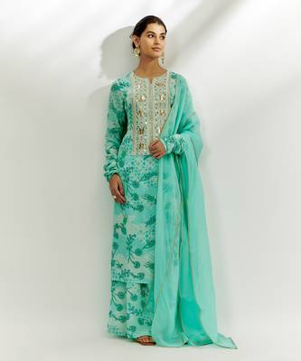 Cyan blue printed kurta pallazzo set 1