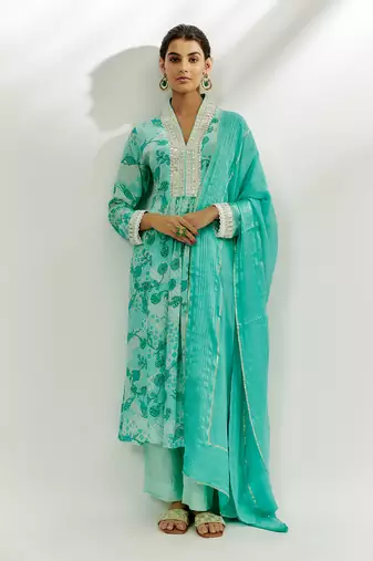 Cyan blue printed kurta set