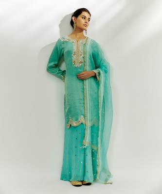 Cyan blue embroidered kurta pallazzo set 1
