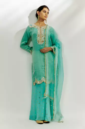 Cyan blue embroidered kurta pallazzo set