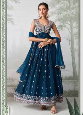 Teal blue rangoli georgette multi thread anarkali suit 1