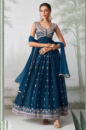 Teal blue rangoli georgette multi thread anarkali suit