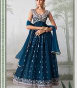Teal blue rangoli georgette multi thread anarkali suit