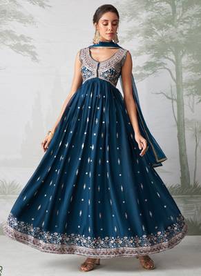 Teal blue rangoli georgette multi thread anarkali suit 2