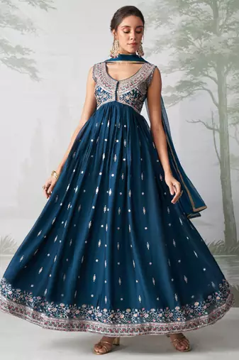 Teal blue rangoli georgette multi thread anarkali suit