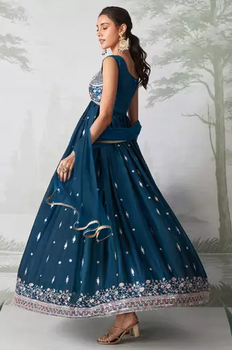 Teal blue rangoli georgette multi thread anarkali suit